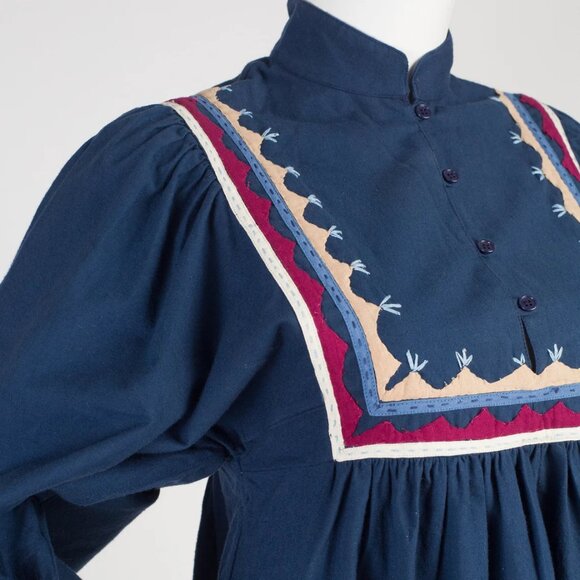 1970s Vintage Poet Sleeve Bohemian Blue Cotton Dress Sz S - Picture 3 of 6